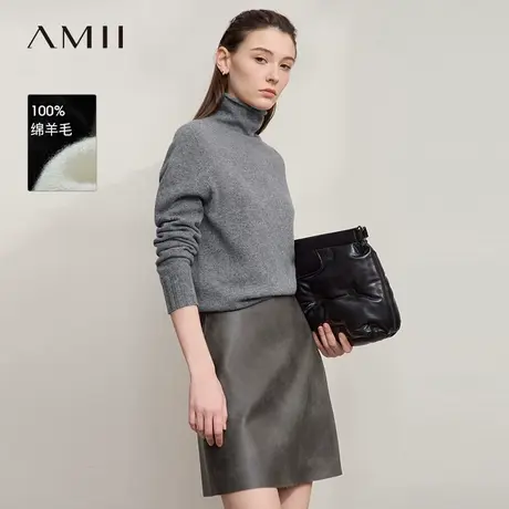 Amii2025秋新款通勤风堆堆领高领全羊毛纯色宽松弹力套头毛衣女图片