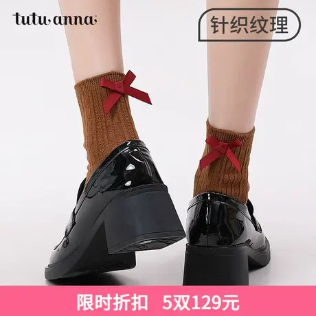 tutuanna春秋款女士中筒袜少女风蝴蝶结简约纯色百搭堆堆袜短袜女商品大图