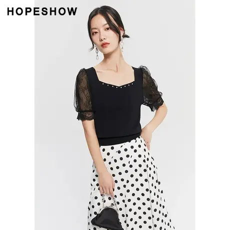 红袖outlets复古时尚闪钻拼接针织衫hopeshow2023夏款泡泡袖短袖商品大图