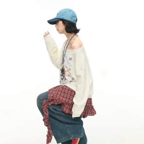 美式复古潮牌斜领露肩印花卫衣女春秋新款宽松oversize慵懒风上衣商品大图