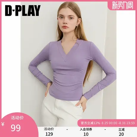 DPLAY2025年秋季新款紫色t恤女V领慵懒弹力修身收腰打底衫上衣商品大图