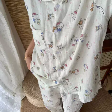 圆点Kitty~短袖长裤套装A类纯棉双层纱布睡衣可爱甜美家居服棉纱商品大图