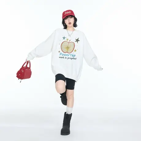 YEP春秋新款苹果印花圆领卫衣女美式复古风宽松休闲无帽外套上衣商品大图