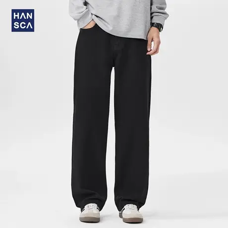 hansca莱赛尔宽松阔腿直筒黑色牛仔裤男2025新款秋季美式复古长裤图片