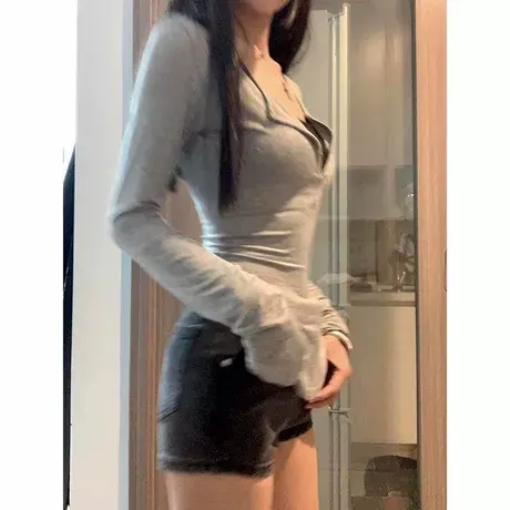 假两件长袖T恤女2025春秋季新款修身韩版内搭打底衫纯欲性感上衣图片