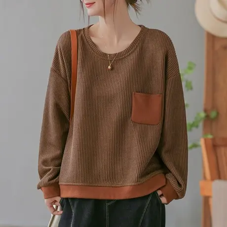 dza 复古棉质圆领套头编织女士卫衣春秋宽松显瘦上衣休闲长袖外套商品大图