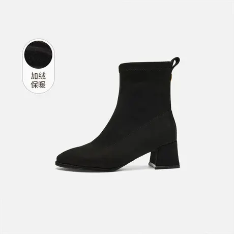 奥莱专供Nine West/玖熙加绒弹力靴女圆头中粗跟通勤黑色短靴女图片