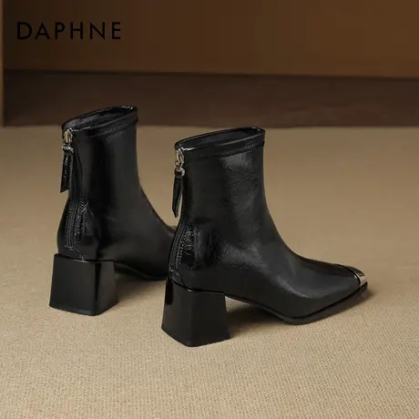 达芙妮黑色短靴女款2025新款冬季高跟鞋法式瘦瘦靴方头切尔西靴子图片