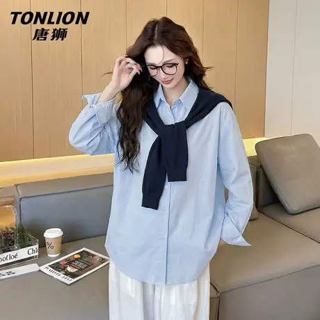 唐狮官方蓝色披肩长袖衬衫女春秋款2026新款女士宽松显瘦上衣女VB商品大图