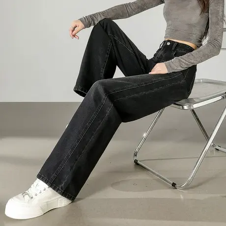 唐狮秋冬新款牛仔裤女显瘦阔腿裤复古设计感分割线直筒长裤TUTA商品大图