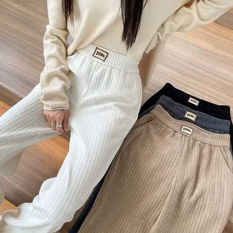 米白色灯芯绒窄版阔腿裤女秋冬高腰直筒垂感慵懒麦穗纹加厚针织裤商品大图