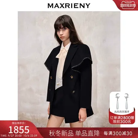 MAXRIENY精致复古蕾丝翻领赫本风外套23秋冬双面呢羊毛斗篷式大衣商品大图