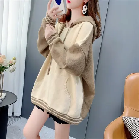 日系学院风连帽毛衣女套头2022年新款秋冬宽松慵懒风拼色洋气上衣商品大图