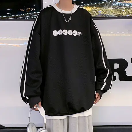 侧边条纹港风套头圆领卫衣男秋冬季新款打底衫男生2023新款宽松潮图片