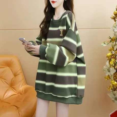 加绒加厚条纹卫衣外套女中长款2023新款秋冬慵懒风宽松设计感上衣图片