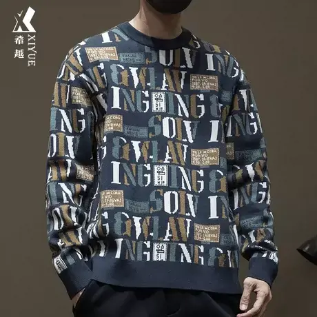 希越国风满身字母印花12针针织毛衣男士秋冬季宽松大码小众高级感图片