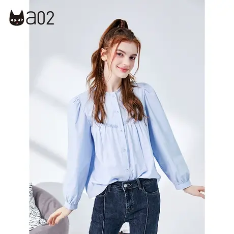 a02甜美文艺风衬衫女2022秋新品法式泡泡袖圆领衬衫简约宽松衬衣商品大图