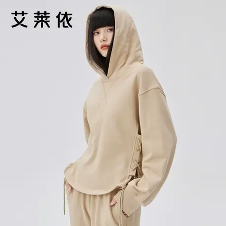 艾莱依卫衣2022新款女气质收腰绑带连帽设计感小众早秋chic上衣潮商品大图