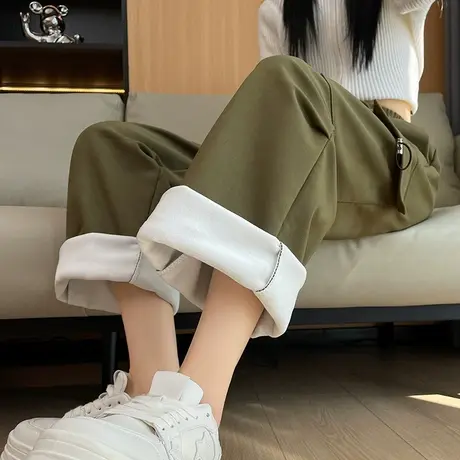 美式军绿色加绒工装裤女冬季新款高腰显瘦宽松直筒阔腿束脚运动裤商品大图
