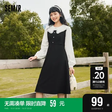 森马连衣裙女黑白拼接质感通勤2022秋季新款撞色中长裙温柔风气质图片