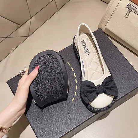 【真皮】豆豆鞋女2023新款春秋蝴蝶结浅口舒适休闲软底玛丽珍单鞋商品大图