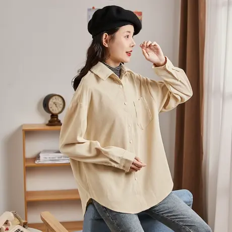 唐狮灯芯绒长袖衬衫女秋冬新款假两件衬衫衣服打底上衣叠穿设计感商品大图