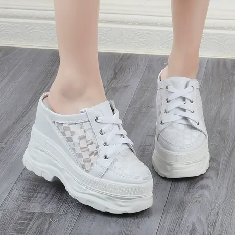 厚底坡跟半拖鞋女高跟防水台2023夏季薄款透气白色真皮包头凉拖鞋商品大图