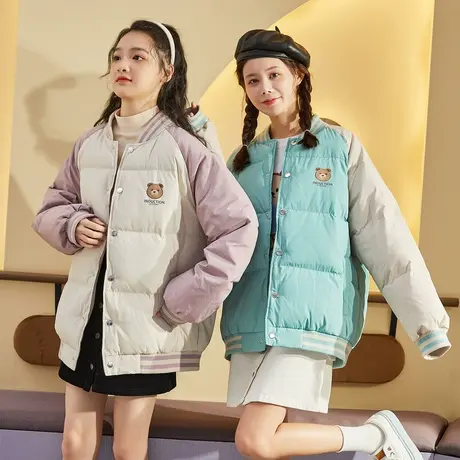 唐狮可爱熊短款羽绒服女冬季外套撞色拼接羽绒服棒球领图片