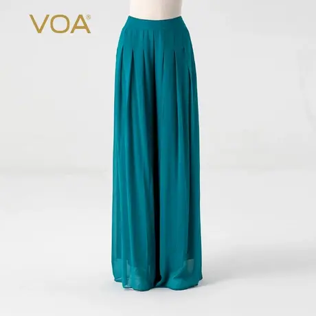 VOA桑蚕丝乔其纱蟹青色自然腰口袋双层百褶宽松减龄真丝阔腿长裤图片