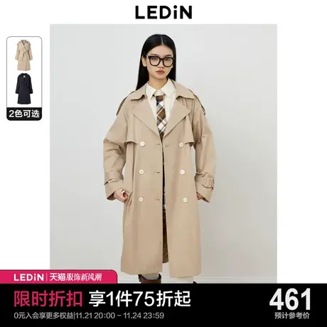 乐町英伦风双排扣风衣女2023年秋季新款卡其色简约休闲中长款外套图片