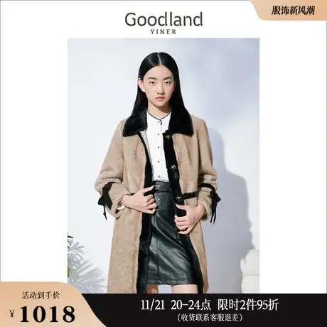 Goodland美地女装冬季撞色polo领毛绒中长款保暖慵懒风外套商品大图