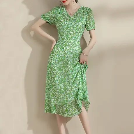 【1件7.9折】夏季新品时尚显瘦中长款印花裙百搭短袖绿色连衣裙商品大图