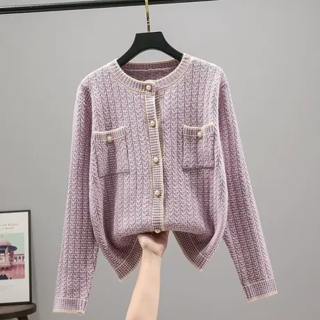 开衫女2023秋装新款韩版宽松圆领小香风针织衫女百搭上衣外套毛衣商品大图