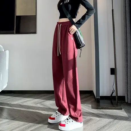 酒红色弯刀阔腿裤女春秋新款高腰宽松显瘦直筒运动卫裤香蕉休闲裤图片