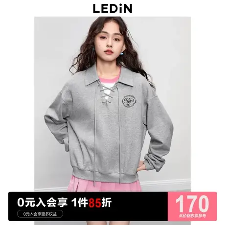 乐町休闲V领设计上衣宽松版型套头衫2023年秋季新款绑带翻领卫衣图片