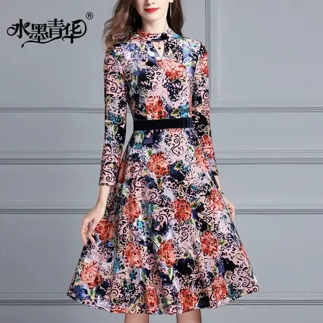 水墨青华冬装新品过膝中长款长袖时尚修身收腰印花丝绒连衣裙图片
