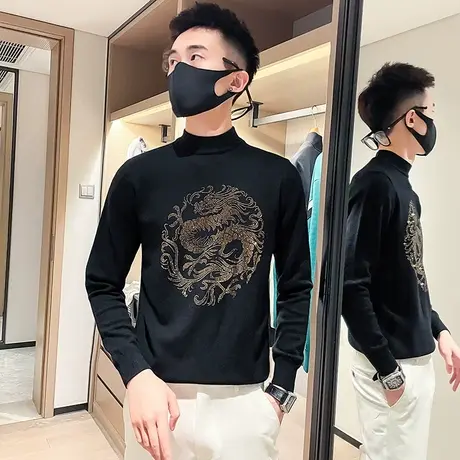 毛衣男冬季轻熟轻奢重工烫钻印花高级感修身打底上衣半高领针织衫商品大图