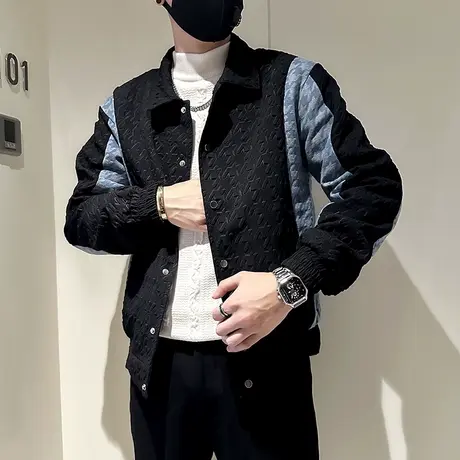 轻熟风拼接撞色夹克男秋冬2023新款个性满印保暖加厚工装青年外套商品大图