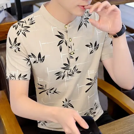 纯棉休闲男士立领polo衫青年潮夏季短袖t恤男士新款修身打底汗衫商品大图