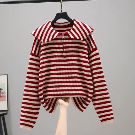 2023春装新款韩版宽松条纹长袖拉链针织衫毛衣套头打底衫女士上衣商品大图