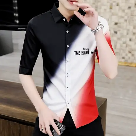 潮牌渐变色短袖衬衫夏季男士帅气上衣情侣韩版七分袖衬衣潮网红DK商品大图