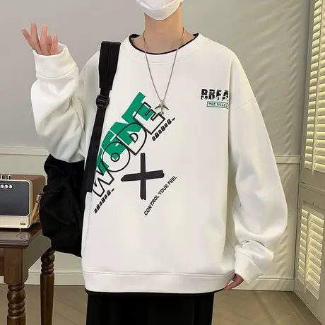 美式圆领卫衣男春秋季潮牌字母印花长袖t恤男士潮流假两件上衣服商品大图