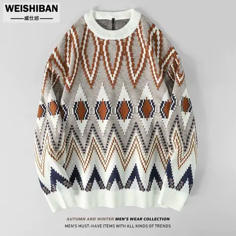 秋冬圆领套头提花针织衫民族风毛衣外套男潮牌休闲港风慵懒风线衣商品大图