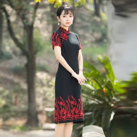 筠雅改良旗袍裙女夏季小个子民国复古优雅气质中长款女装23J148图片