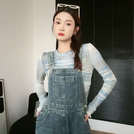 尔给盐系减龄梨型身材背带裤女夏季2023新款小个子复古直筒牛仔裤图片