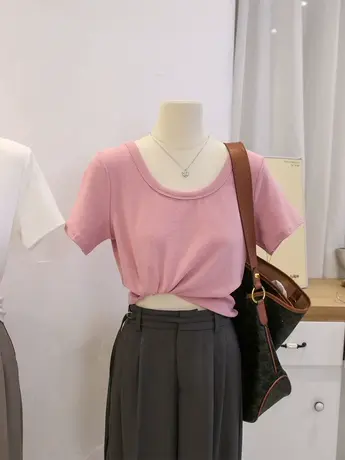 纯欲U领短袖t恤女春夏季2023新款内搭打底衫修身显瘦高腰短款上衣图片