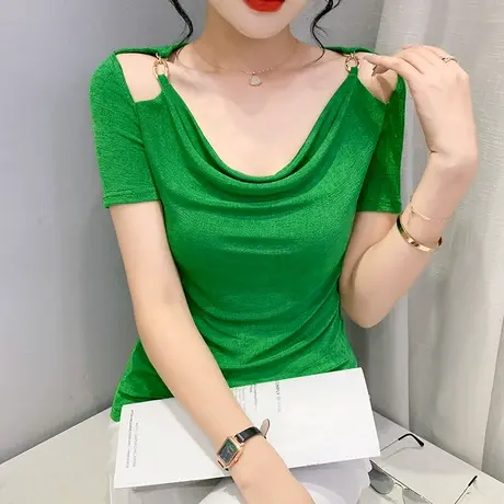 性感露肩一字领短袖T恤女装2024新款潮洋气上衣设计感修身小衫夏图片