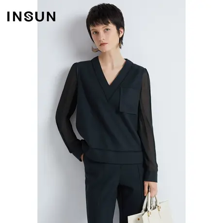 INSUN恩裳冬季羊毛混纺v领拼接袖卫衣图片