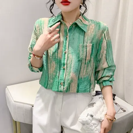 欧货中长款POLO领衬衫女长袖春秋宽松遮肚休闲上衣拼色印花衬衣潮商品大图