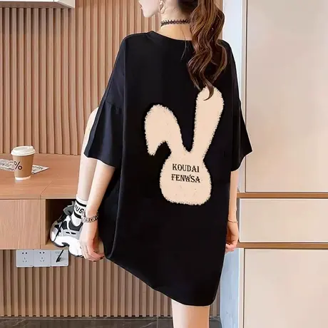 大码女装纯棉短袖t恤女夏装2023新款宽松中长款卡通印花黑色上衣商品大图